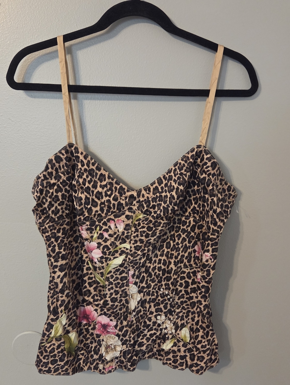 Express Design Studio Womens Brown Animal Print Babydoll Silk Lace Cami Top Sz L